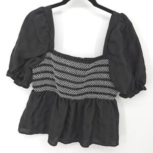 Dizzy Lizzy Peplum Top Women Medium Black Smocked Puff Sleeve Square Neck Cotton